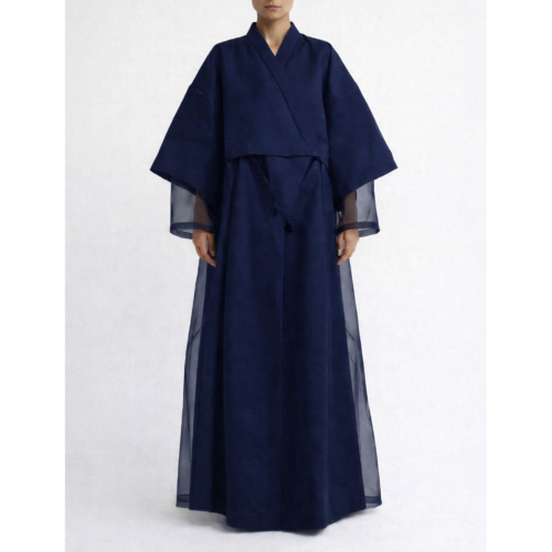 Deep navy modular kimono abaya shown in full length mode with attachable lower panel and clean back join line